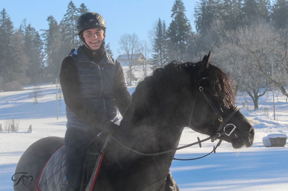 Freibergerhengst Hayden mit Brigitte Favre im Schnee